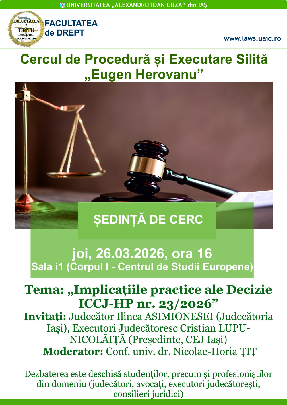 Ședință de cerc - Implicațiile practice ale Deciziei ICCJ-HP nr. 23/2026 - joi, 26.03.2026, ora 16