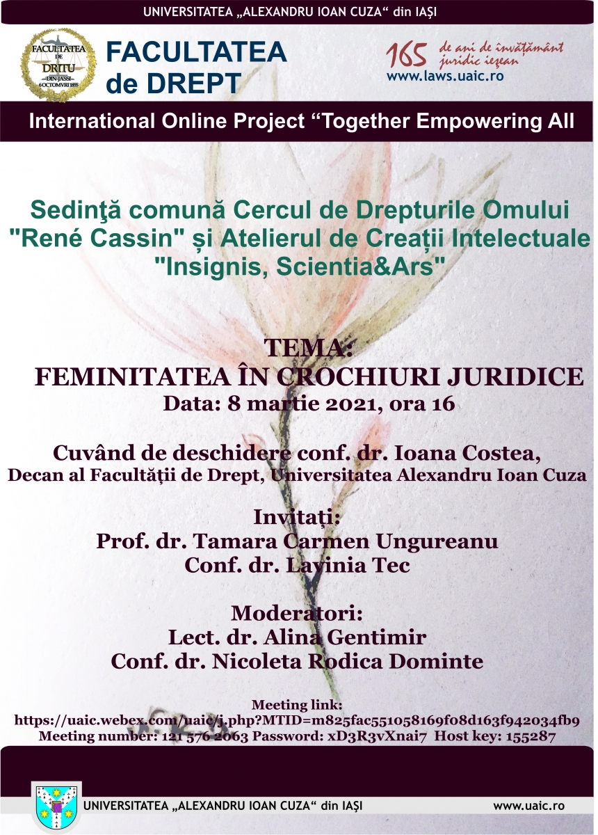 Sedinţă comună Cercul de Drepturile Omului și Atelierul de Creații Intelectuale : Feminitatea în crochiuri juridice, 8.03.2021