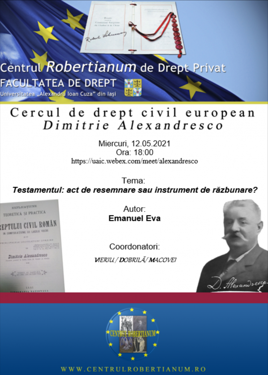 Ședință a Cercului de drept civil european Dimitrie Alexandresco: 12.05.2021